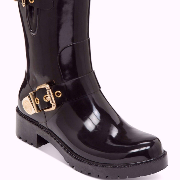 HINCH BLACK RUBBER RAIN BOOTS WOMENS SHOES LOGO MU - Picture 1 of 1